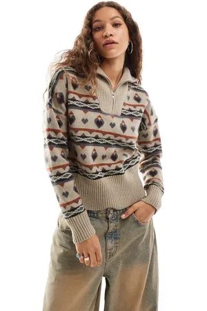 Daisy Street Sweater med kvart lynlås i vintage-inspireret Fair Isle-strik