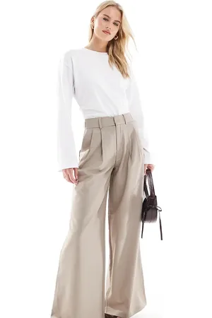 Stradivarius Tall - Gråbrune bukser med vide ben og plisseringer-Neutral