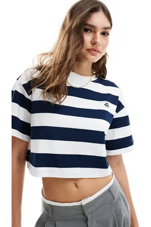 4th & Reckless Cropped T-shirt med broderet logo og hvide/marineblå striber i firkantet pasform-Multifarvet