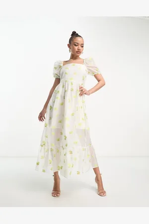 Collective The Label Hvid tea-kjole i organza med pufærmer og blomstermønster
