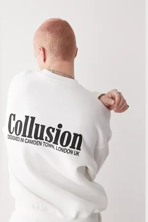 COLLUSION Ecrufarvet sweatshirt med print og henley-design i halsen - Del af sæt
