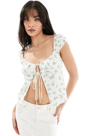 Bershka Bersgka - Top i milkmaid-stil med pufærmer og blåt blomstermønster i bomuld-Neutral
