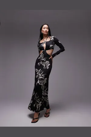 AllSaints Cynthia - Sort maxikjole med udskæringer og print