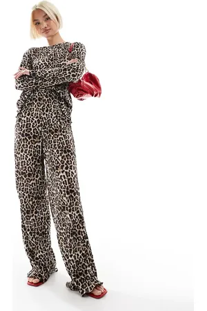 Pieces® Bukser med brede ben i plissé med leopardprint - Del af sæt-Multifarvet
