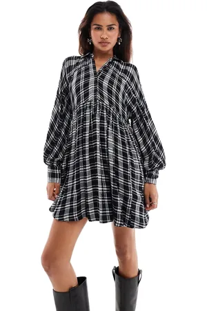 Free People Sort løstsiddende skjorte-minikjole med ternet print