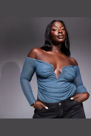 ASOS ASOS DESIGN Curve - offshoulder-bodystocking med dyb udskæring i mesh