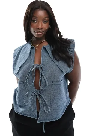 ASOS ASOS DESIGN Curve - Vest med Peter Pan-krave og bindebånd fortil i denimlook-Blå