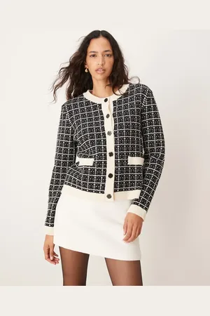 Y.A.S Sort, cremefarvet, strikket og kort cardigan med tern-Multifarvet