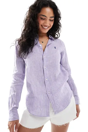 Ralph Lauren Skjorte med logo og lilla/hvide striber i hør