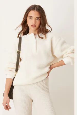 ASOS Cremehvid Henley-sweatshirt i imiteret lammeskind med knapper