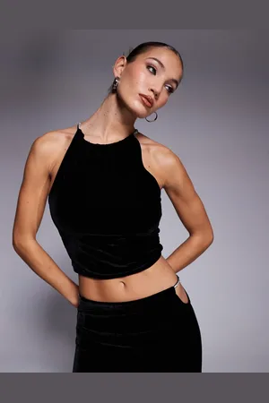 ASOS Top med halterneck og kant med rhinsten i velour - Del af sæt