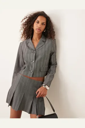 Abercrombie & Fitch Kort og grå blazer med striber og sildebensmønster - Del af sæt