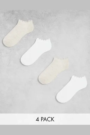 Lindex Pakke med 4 par ribstrikkede ankelsokker med flæsekanter i hvid og beige-Multifarvet