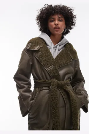 Topshop Olivengrøn trenchcoat i imiteret læder med imiterede lammeskindskanter