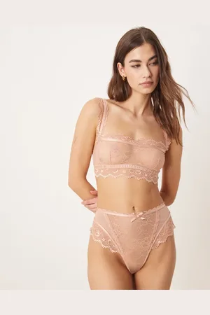 ASOS Ivy - Ferskenfarvede brasilianske briefs med høj talje i blondestof-Lyserød