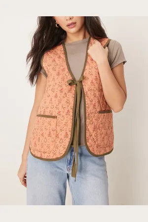 Free People Claudine - Orange og khaki vatteret vest med blomstermønster