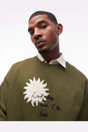 Topman Kakigrøn oversized sweatshirt med sol- og ordbroderi foran og bagpå i chenille