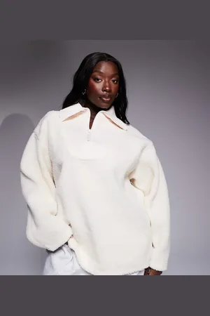ASOS Weekend Collective Curve - Cremehvid sweatshirt med ribstrikket hals, gennemgående lynlås og præget design på ryggen