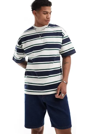 SELECTED Kraftig og oversized T-shirt i cremefarvede/grønne/marineblå striber