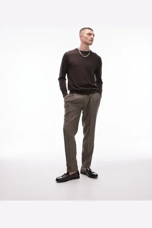 Topman Brune tapered habitbukser med sildebensmønster