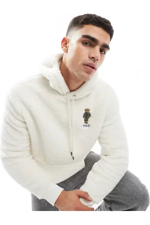 Ralph Lauren Cremehvid hættetrøje med bjørnelogo i imiteret lammeskind