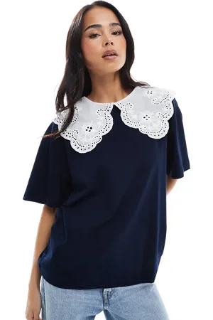 Miss Selfridge T-shirt med sømandskrave i blondestof