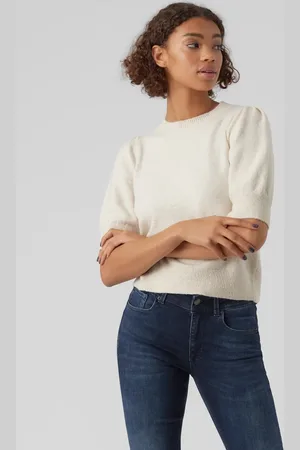 VERO MODA Cremehvidmeleret kortærmet striktrøje