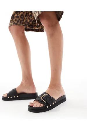 London Rebel Sorte sandaler med spænder og nitter i raffia