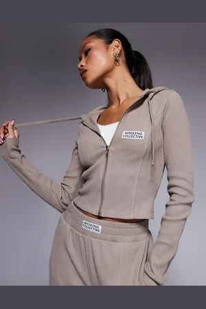 ASOS Weekend Collective - Beige hættetrøje med vaffeltekstur og gennemgående lynlås - Del af sæt