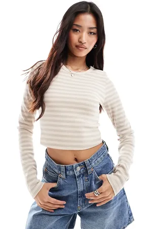 JJXX Feline - Cropped, ribstrikket T-shirt med lange ærmer og beige striber-Neutral