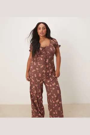 ASOS ASOS DESIGN Curve - Lillabrun jumpsuit med blomsterprint og korsettalje samt blondekant-Multifarvet
