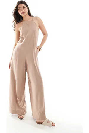 ASOS Mandelfarvet jumpsuit med racerhals og crosshatch-tekstur i hørlook-Neutral