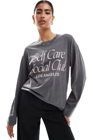 Hollister Langærmet oversized dad-T-shirt i syrevask med slogan-Grå