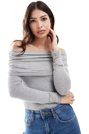 Miss Selfridge Langærmet bodystocking med bardotsnit i mørkegrå melering