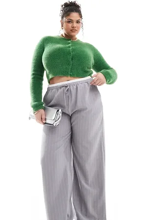 ASOS Curve - Grå og skræddersyede bukser med vide ben og striber samt linning i kontrast