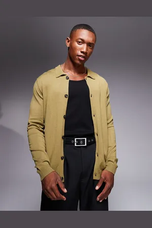 ASOS Kakigrøn strikket langærmet polo med knapper - Del af sæt