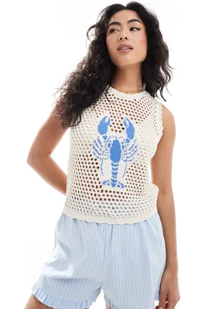 ASOS Ecrufarvet strikket tanktop med blåt hummerdesign-Hvid