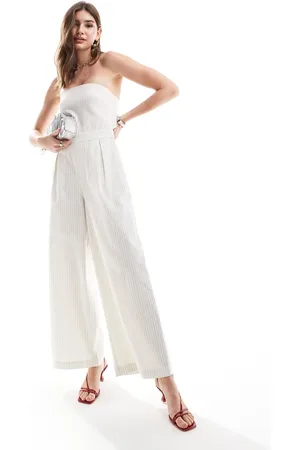 Pretty Lavish Stropløs jumpsuit med lommer og cremefarvede striber-Hvid