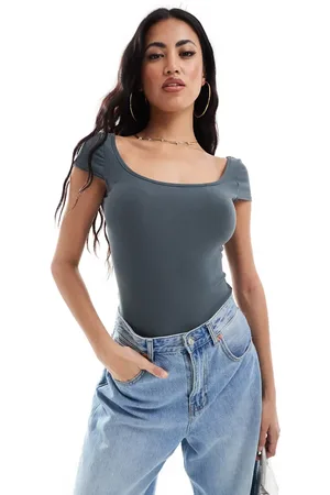 Fashionkilla Og superblød bodystocking med firkantet hals og afkortede ærmer-Blå
