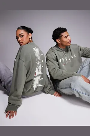 ASOS Unisex - Vasket kakigrøn oversized sweatshirt med Nirvana-print i firkantet pasform-Grå