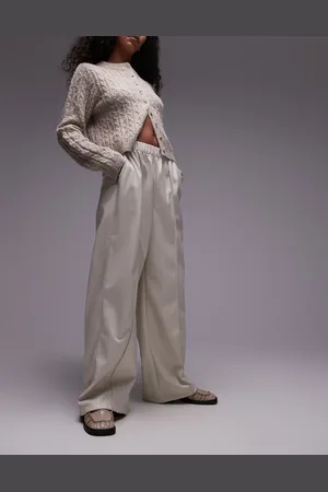 Topshop Beige joggingbukser med vide ben og sømdetaljer i imiteret læder-Neutral