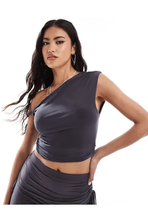 Kaiia Tætsiddende offshoulder-top med snoet detalje i koksgrå - Del af sæt