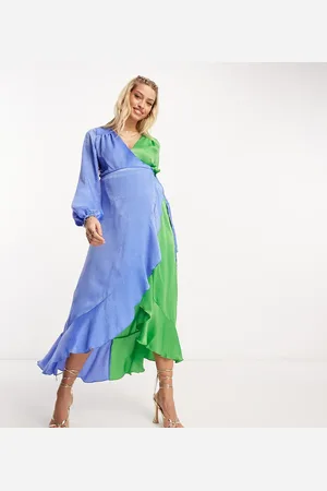 Flounce London Maxikjole med ballonærmer og flæser i blåt/grønt kontrast-design-Multifarvet