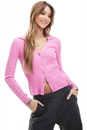 ONLY Pink kabelstrikket cardigan med polokrave