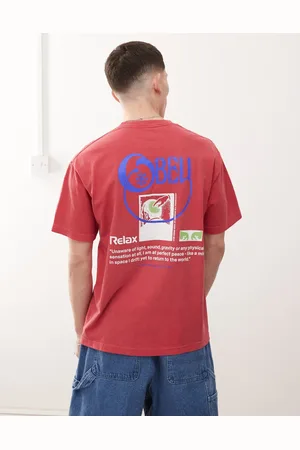 Obey Hindbærfarvet og afslappet T-shirt med grafisk logo og print på ryggen-Rød