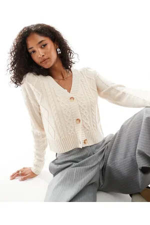 Threadbare Cremehvid cropped kabelstrikket cardigan