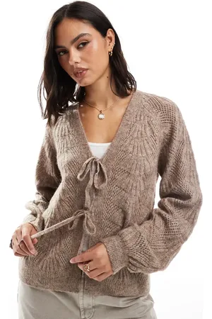 Object Gråbrun og strikket cardigan med bindebånd fortil-Neutral