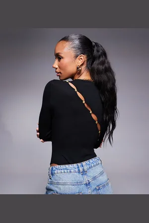 Kaiia Bodystocking i strik med lange ærmer og asymmetriske knapper bagpå - Kun hos ASOS