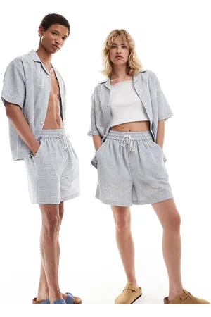 Reclaimed Blåternet, unisex og afslappede boksershorts med broderi - Del af sæt