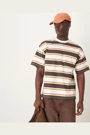 SELECTED Oversized kraftig T-shirt med cremehvide, brune og gyldenbrune striber